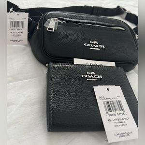 COACH Mini Belt Bag/Bifold Wallet Silver/Black•Refined pebble leather•2Pcs Set